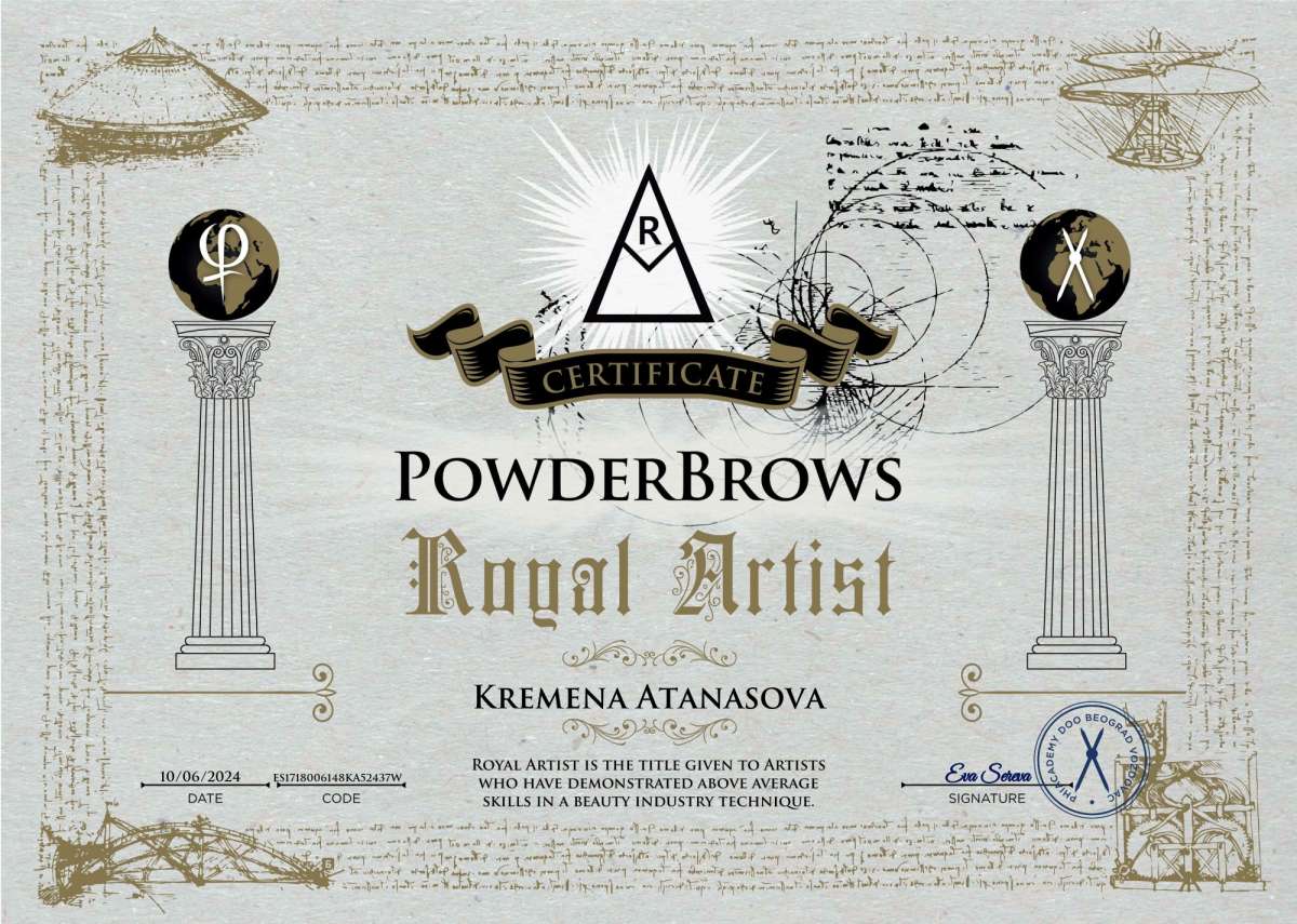 PhiAcademy сертификат — PowderBrows, Royal Artist